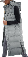 Long Puffer Vest for Women Hooded Sleeveless Quilted Warm Zip Up