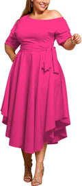 Plus Size Women Off Shoulder Boat Neck Midi Dress - Flowy Hi Low