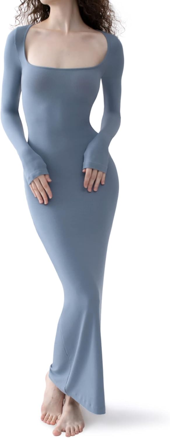 PUMIEY Women's Square Neck Long Sleeve Maxi Dress for Comfort