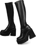Womens Knee High Platform Chunky Block Heel Sock Boots - Elastic Fit