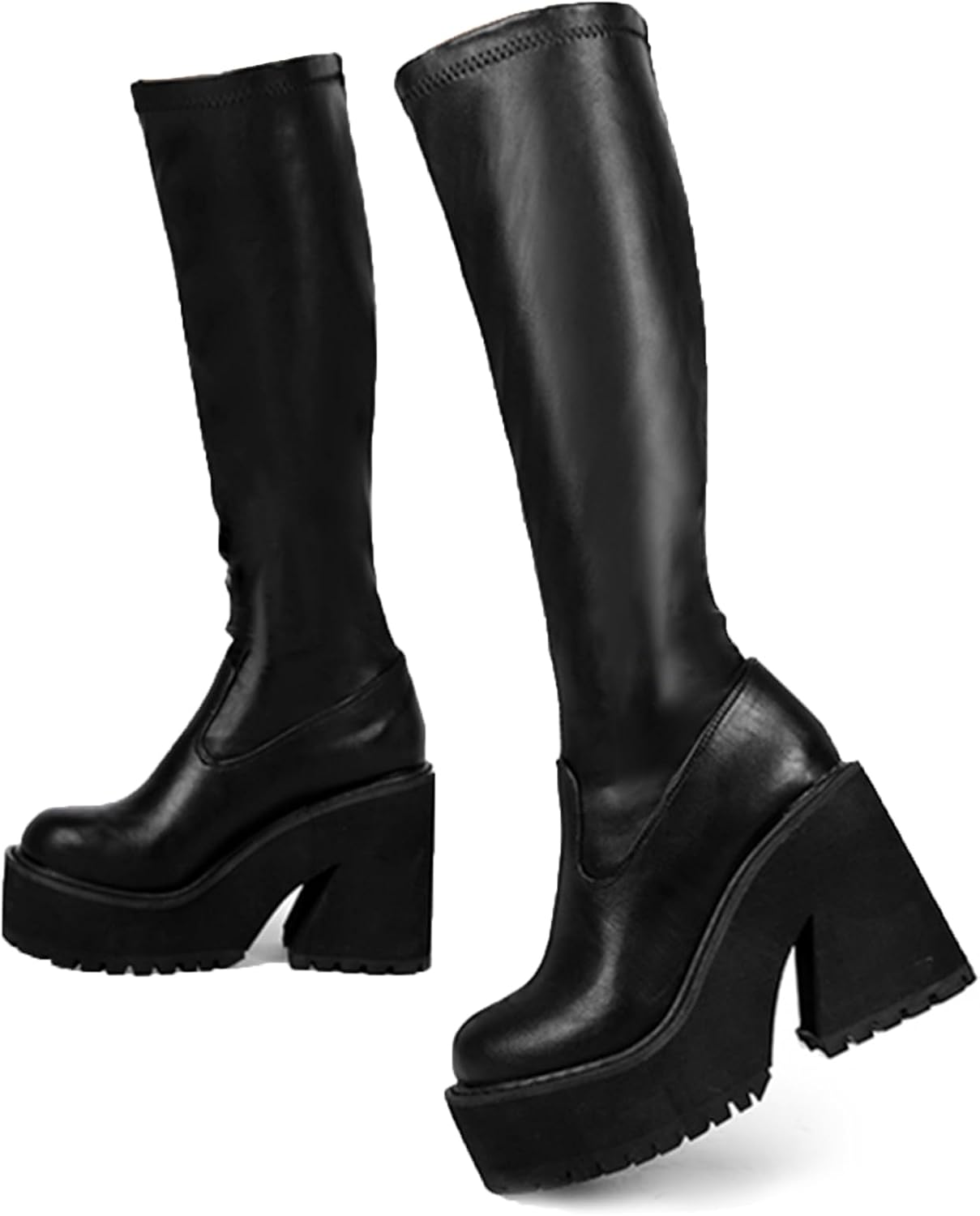 Womens Elastic Knee High Platform Chunky Block High Heel Boots
