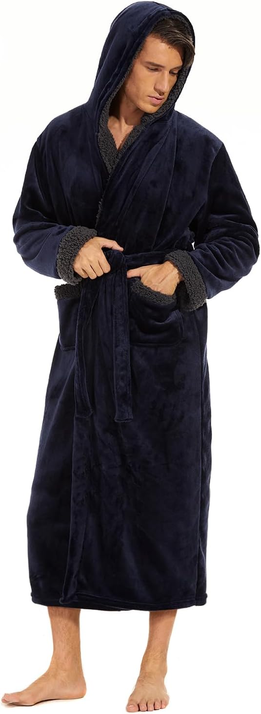 Iniber Mens Hooded Robe - Soft Lightweight Plush Bathrobe