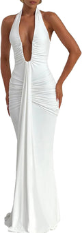 Women Deep V Neck Ruched Maxi Dress Sleeveless Halter Gown - Sleek