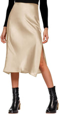 Womens Satin Silk High Waist Slit Midi Skirt - Sleek (Style GK9W)