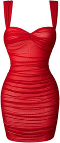 Women's Mesh Ruched Sleeveless Mini Dress - Sexy Off Shoulder Fit