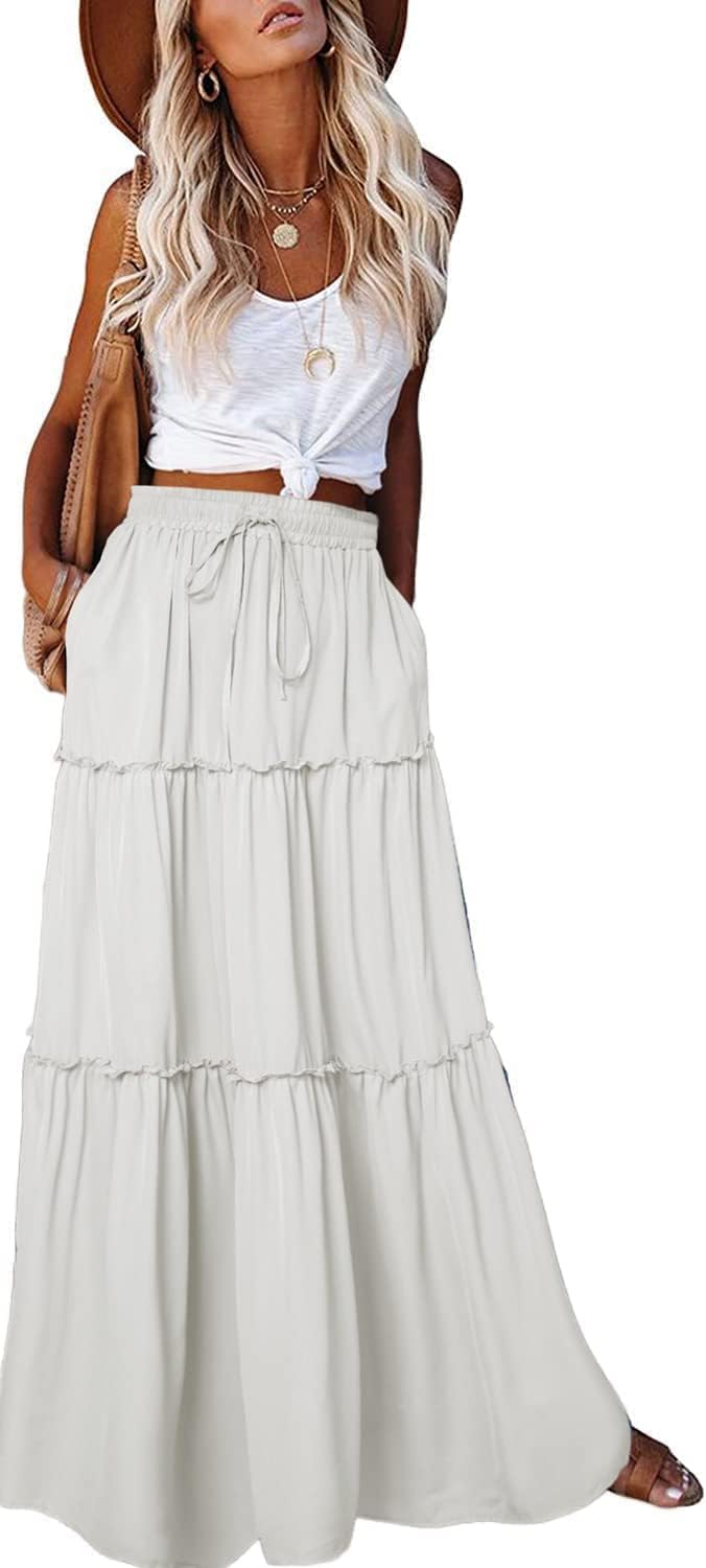 EARKOHA Womens Casual High Waist Tie Maxi Skirt with Pockets