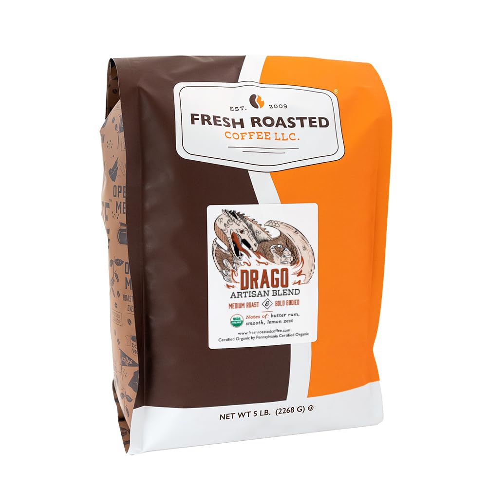 Fresh Roasted Coffee Organic Drago Cafe Blend Whole Bean 5 lb