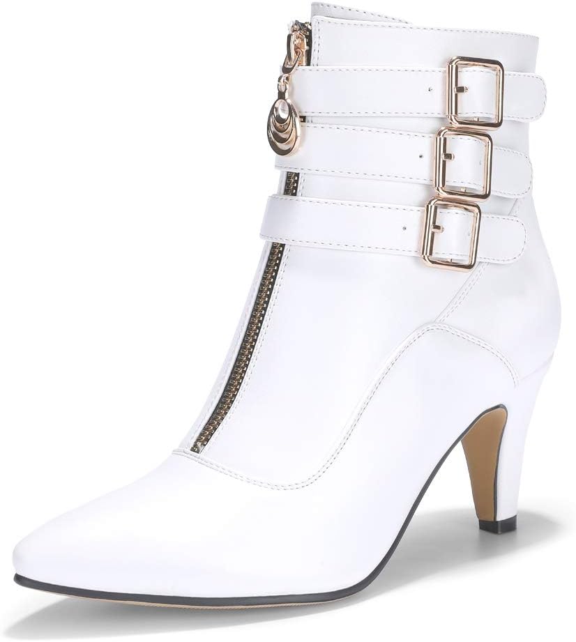 IDIFU Women's Pointed Toe Ankle Booties with Metal Buckle