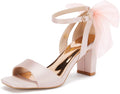 Coutgo Womens Bow Tie Heeled Sandals - Satin Ankle Strap Elegance