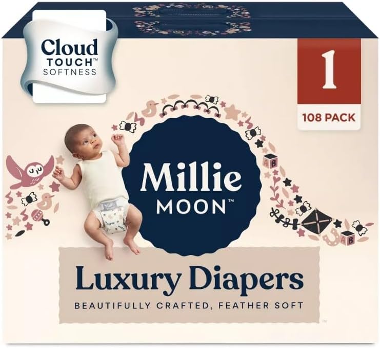 Millie Moon Luxury Diapers - Size 1, 108 Count - 6 to 11 lbs | Ultra-Soft Comfort