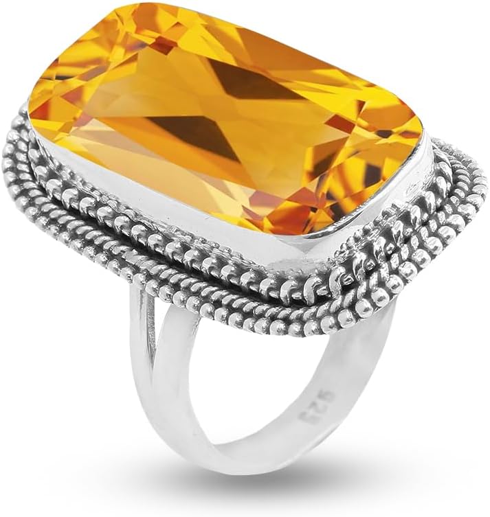 Solid 925 Sterling Silver Ring with Citrine Gemstone for Women