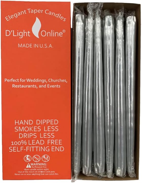 Elegant 12 Inch Unscented Metallic Silver Taper Candles Set of 12
