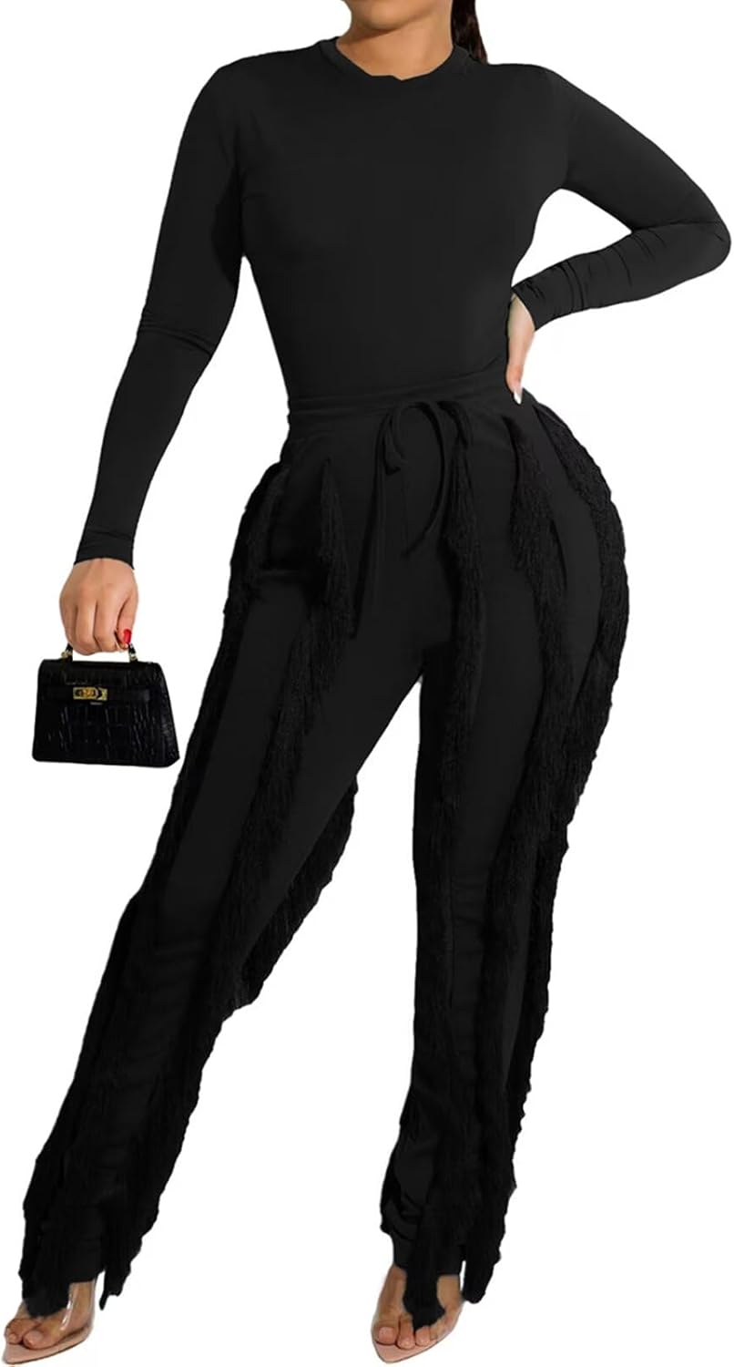 Sexy Two Piece Outfits for Women with Fringe Pants Set