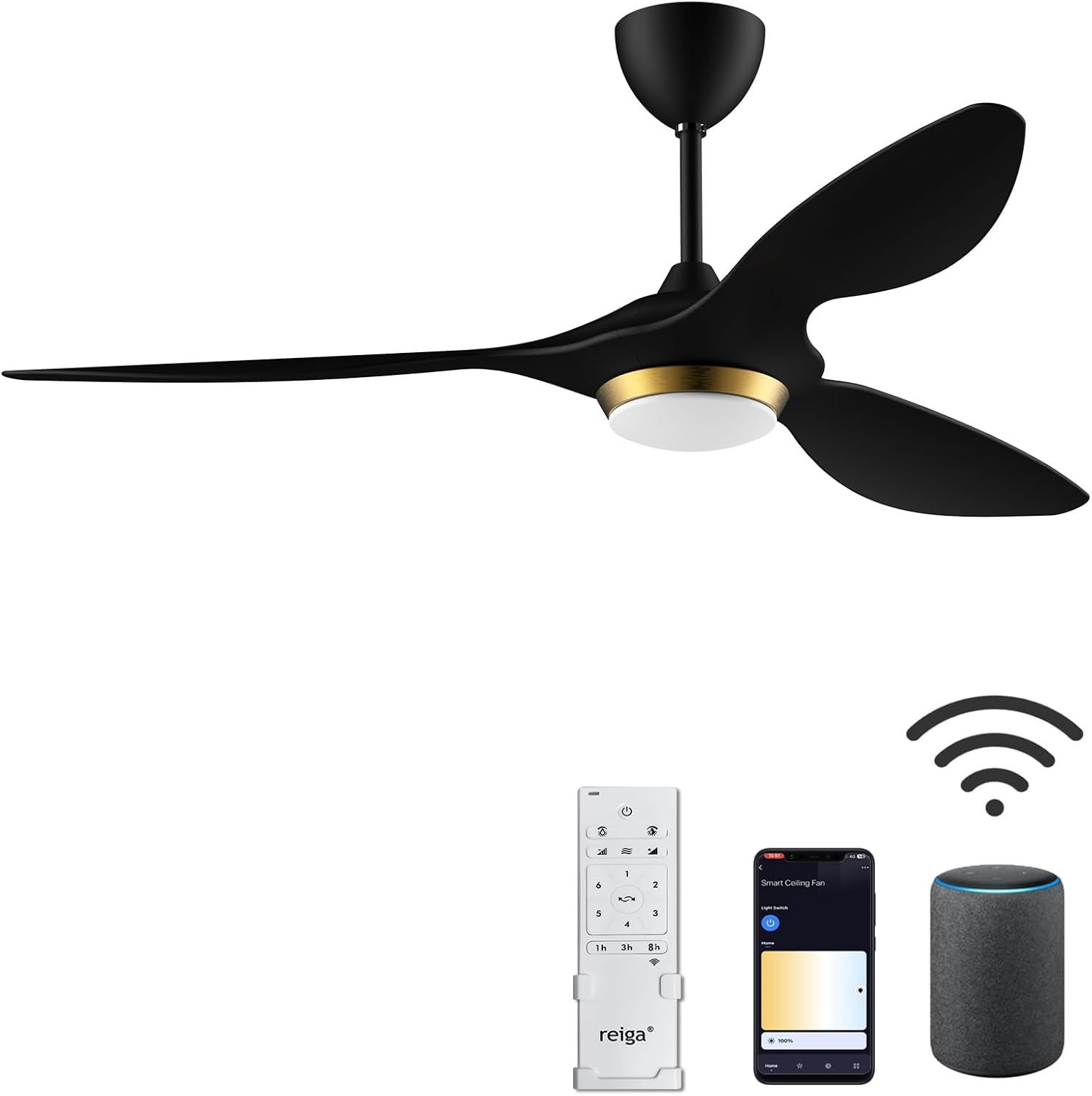 Reiga 52 Inch Black Modern Ceiling Fan with Lights and Remote