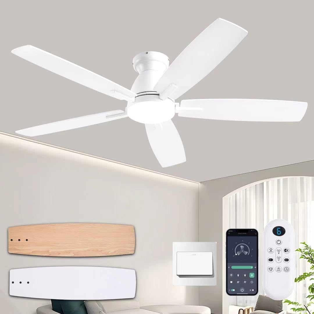 52 Inch White Modern Ceiling Fan with Lights and Remote Control