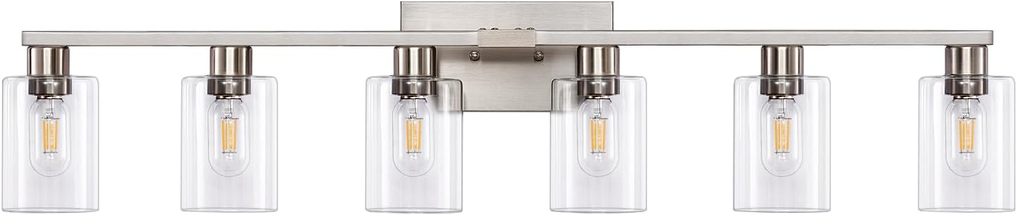 6-Light Bathroom Light Fixtures with Clear Glass in Brushed Nickel