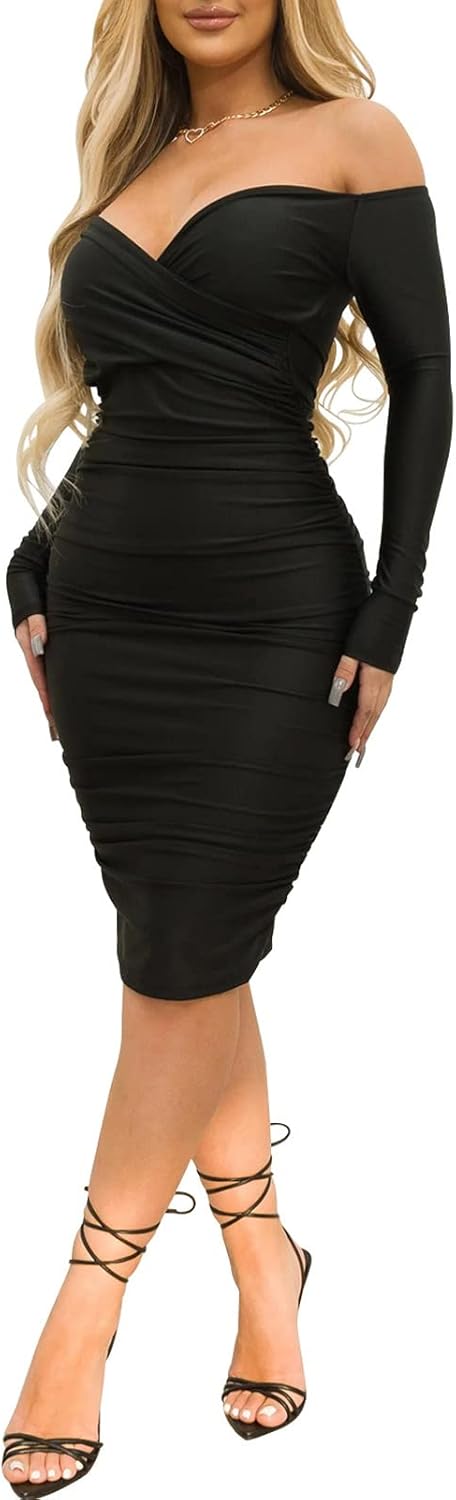 Women's Sexy Deep V Neck Off Shoulder Bodycon Midi Dress