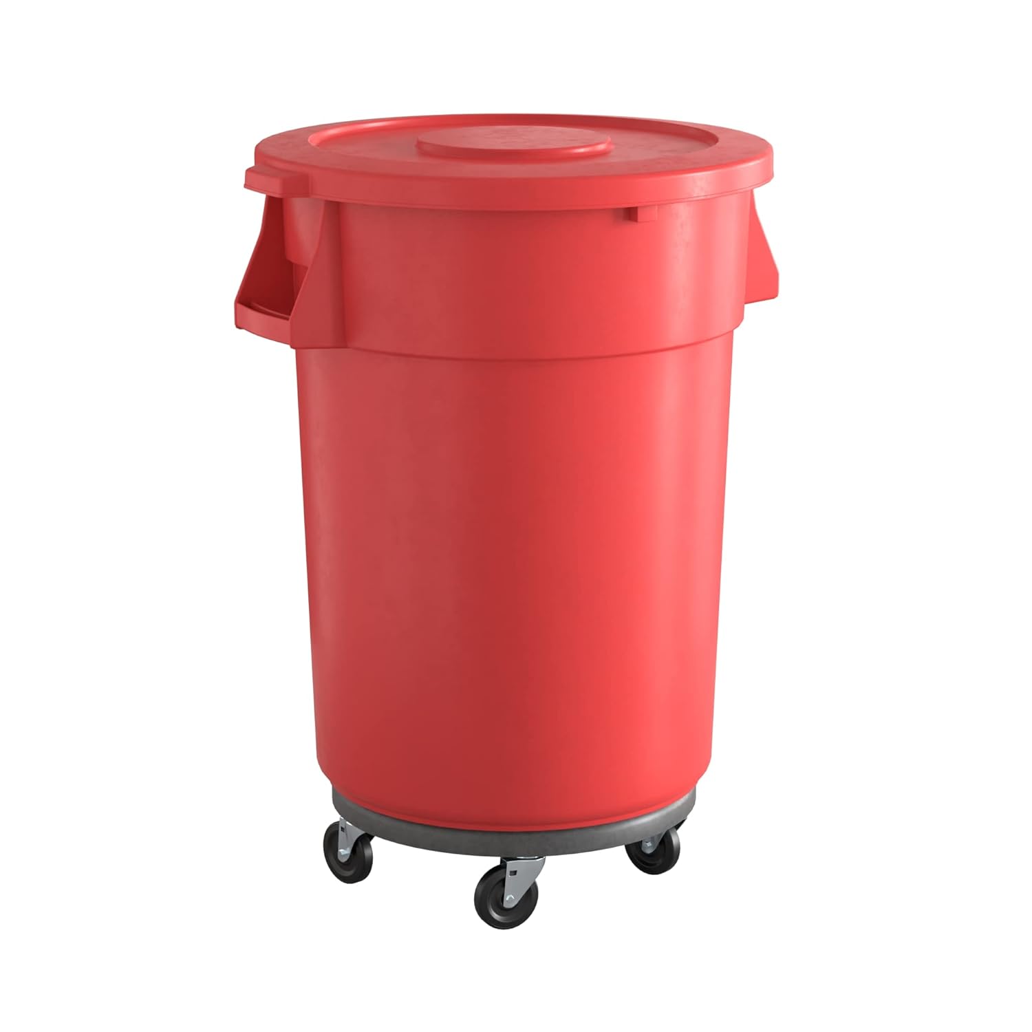 44 Gallon Red Round Commercial Trash Can with Lid and Dolly