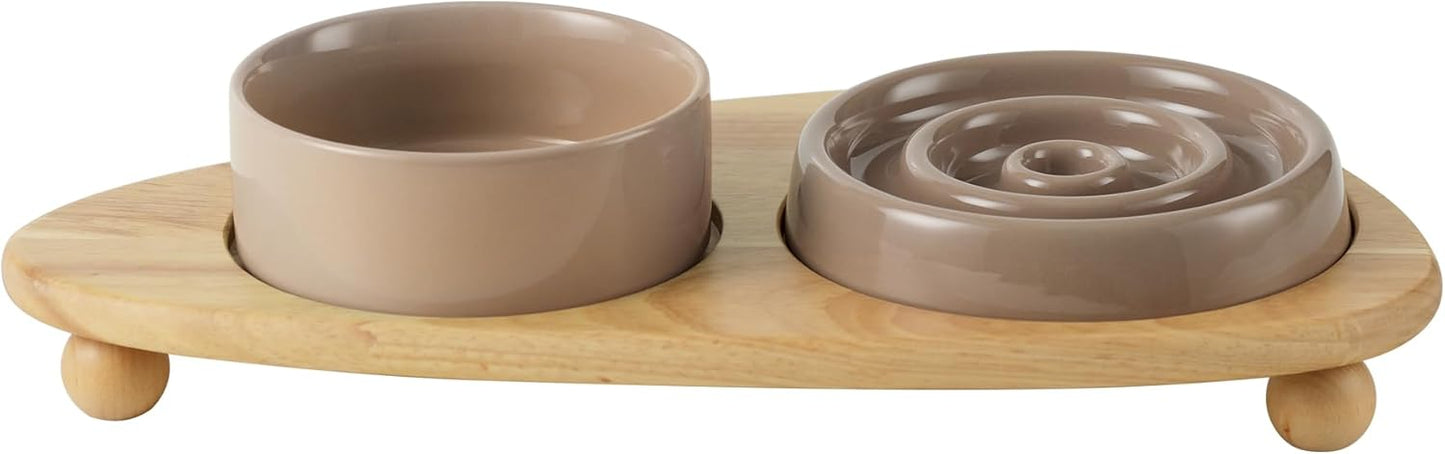 Ceramic Slow Cat Feeder Bowl with Wooden Stand for Healthy Eating