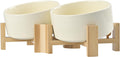 Slanted Ceramic Dog and Cat Bowl with Wooden Stand - Tilted Feed Ease