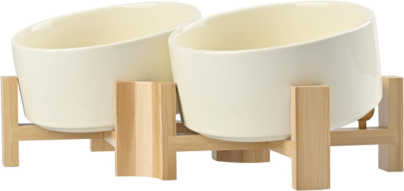 Slanted Ceramic Dog and Cat Bowl with Wooden Stand for Pets