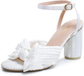 Satin Block Heeled Women's Sandal 3in-4in - Pleated Bowknot Strap