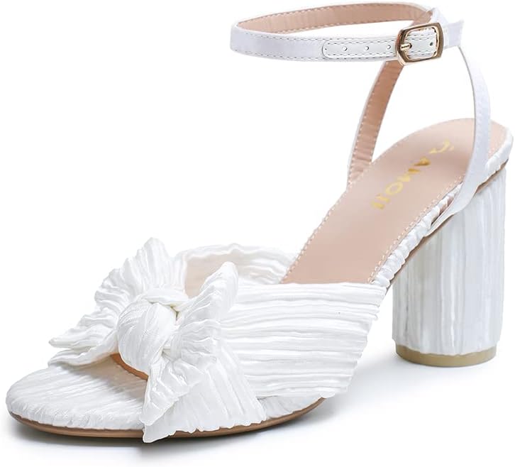 Amoji Women's Satin Block Heeled Sandal with Bowknot Design