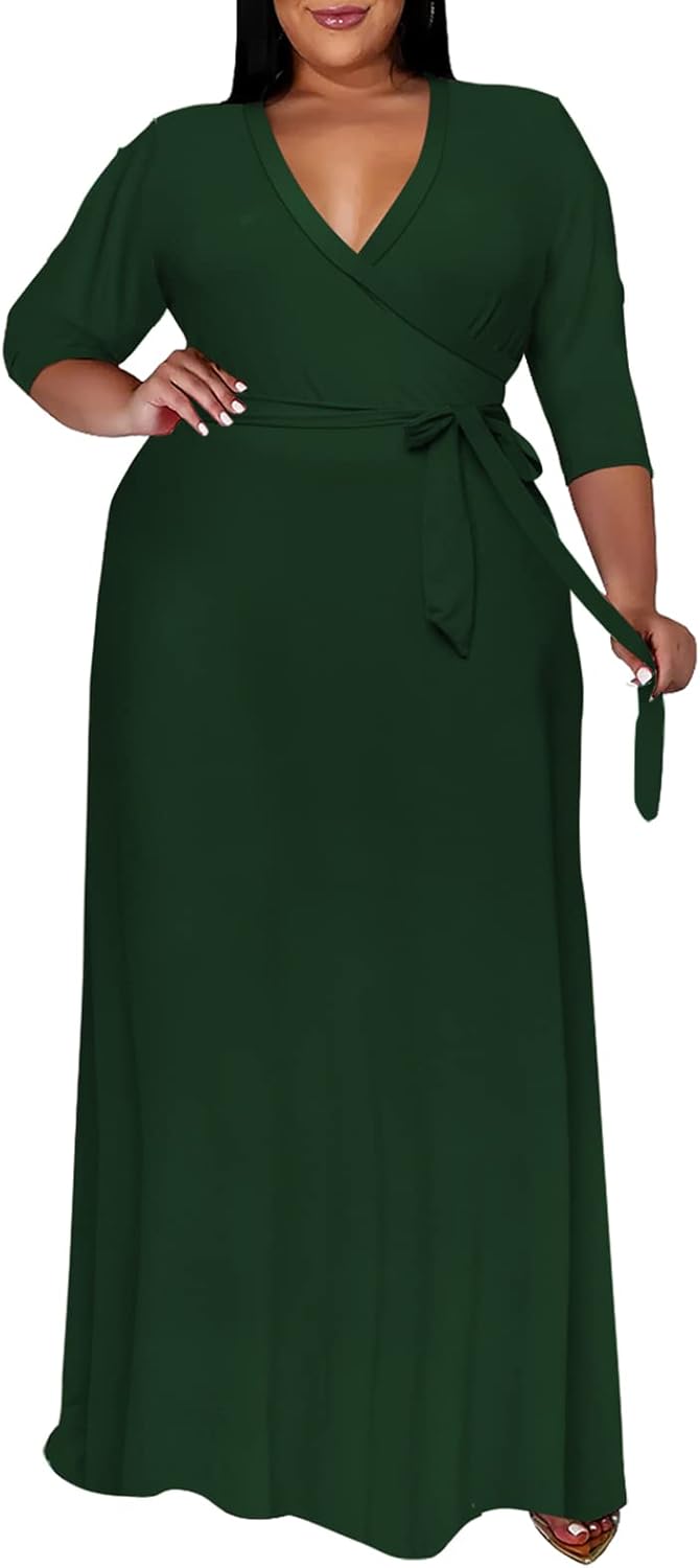 Runwind Plus Size Floral Maxi Dress for Women with Belt