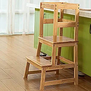 Kitchen Step Stool for Kids with Safety Rail - Solid Wood Design