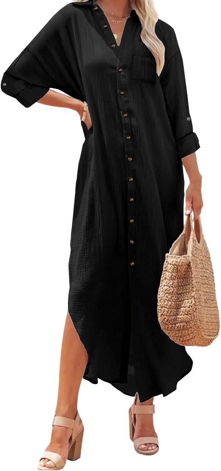 Kuraki Women's Casual Print Maxi Shirt Dress for Effortless Style