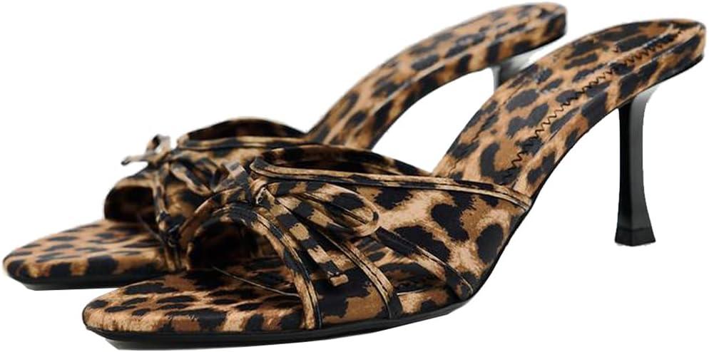 YIYA Women's Leopard Print Mules Heels with Bow for Parties