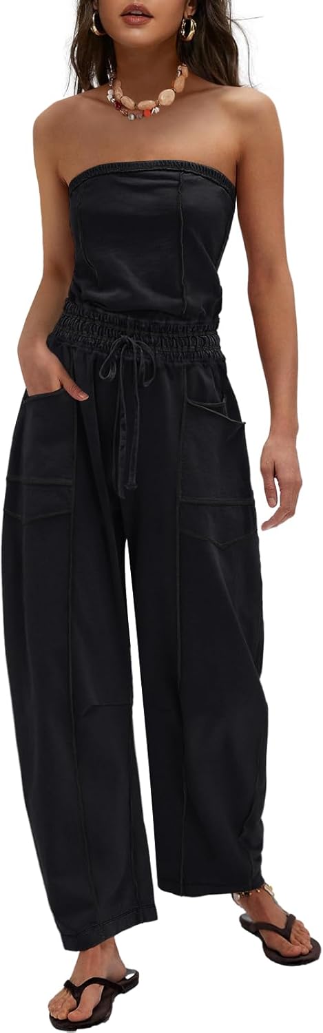 Chic Strapless Jumpsuits for Women - Summer Rompers with Pockets
