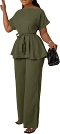 Women's 2 Piece Outfits Suit Set Short Sleeve Peplum Top Flared Pants