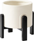 Large Ceramic Planter with Wood Stand - Modern Indoor Pot
