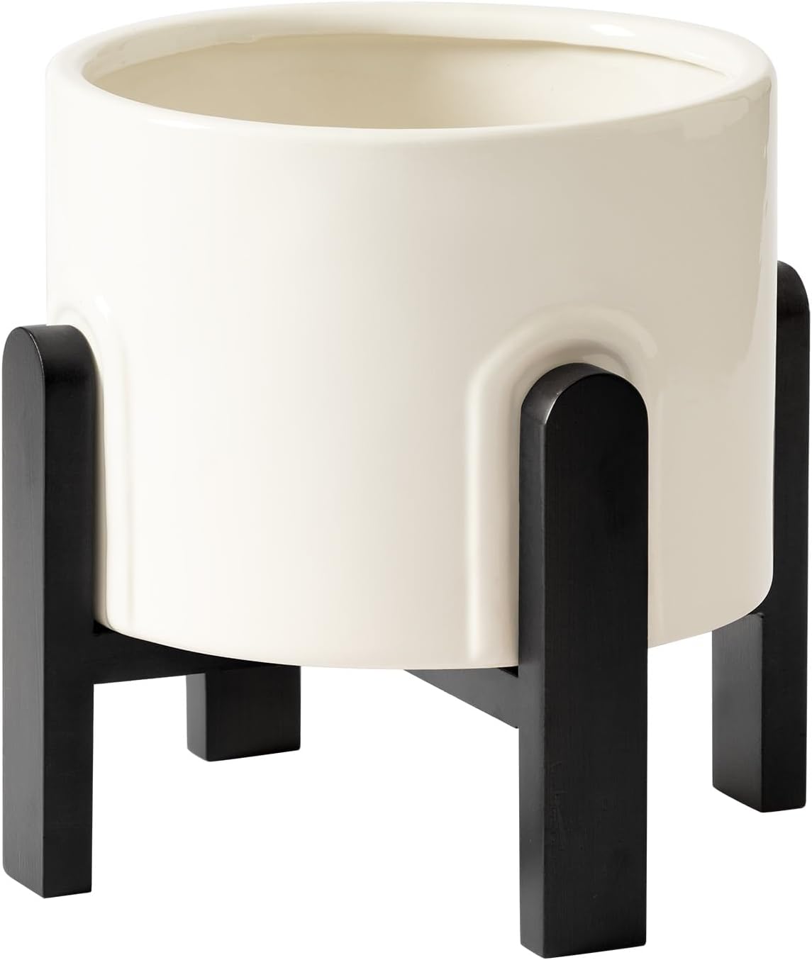 Modern Ceramic Planter with Wood Stand for Indoor Plants