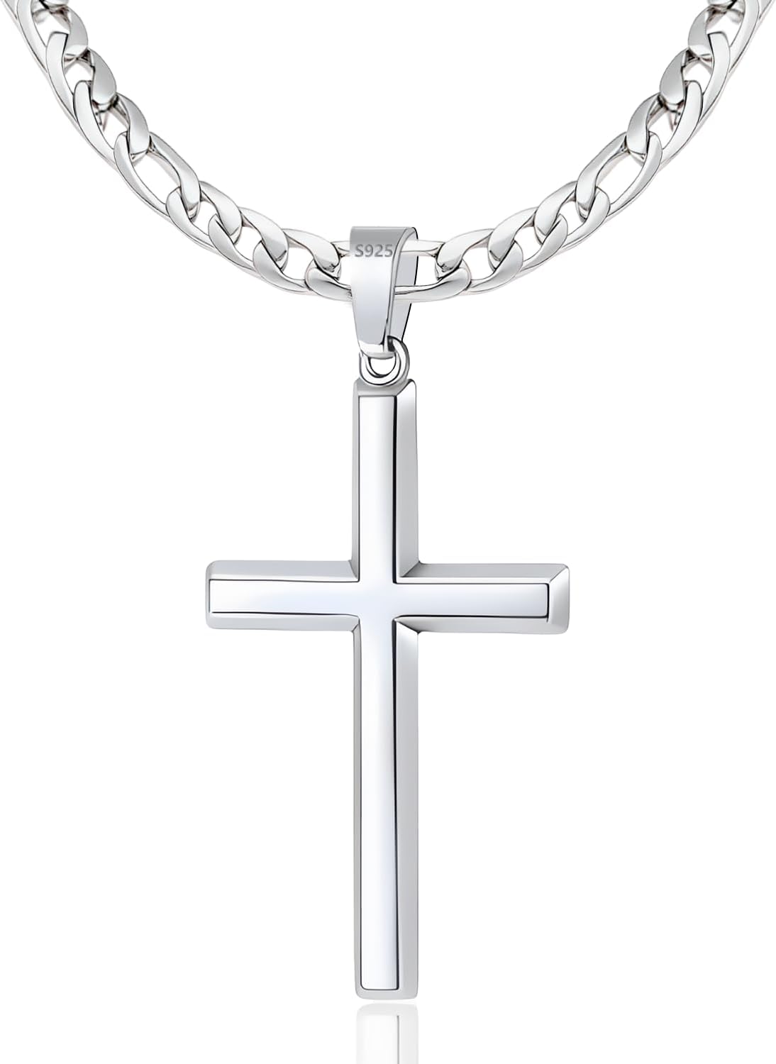 S925 Sterling Silver Beveled Edge Cross Necklace for Men Women