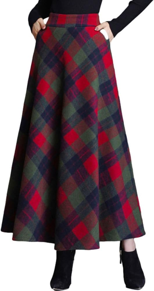 Women's Plaid Skirt Warm Elastic Waist A-Line Winter Style