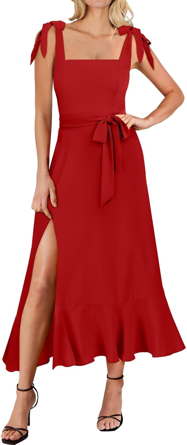 Elegant Women's Square Neck Ruffle Split Midi Dress for Events
