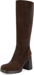 Women's Black Leather Platform Boots with Chunky Heel and Square Toe