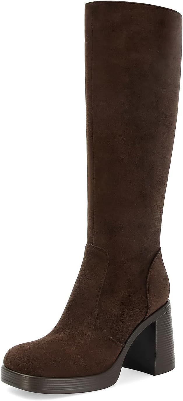 SOVANYOU Black Leather Platform Boots for Women with Chunky Heels