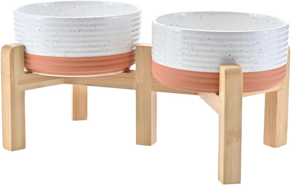 Elevated Dog Bowls Ceramic with Non-Slip Bamboo Stand for Pets