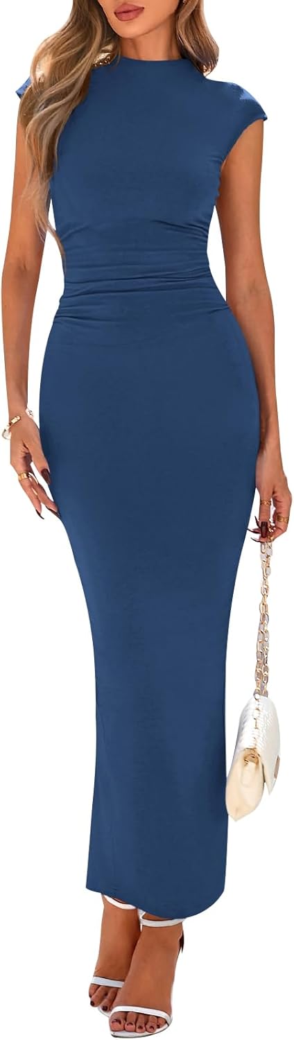 Elegant Summer Maxi Dress for Women with Back Slit and Ruched Design