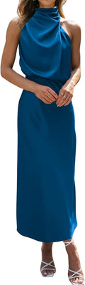 Sleeveless Mock Neck Maxi Dress for Women - Satin High Waist 2025