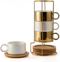 Porcelain Espresso Cup Set with Saucers and Metal Stand - Stackable