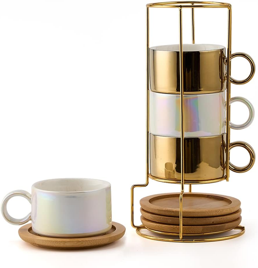 LUKA Porcelain Espresso Cup Set with Saucers and Stand