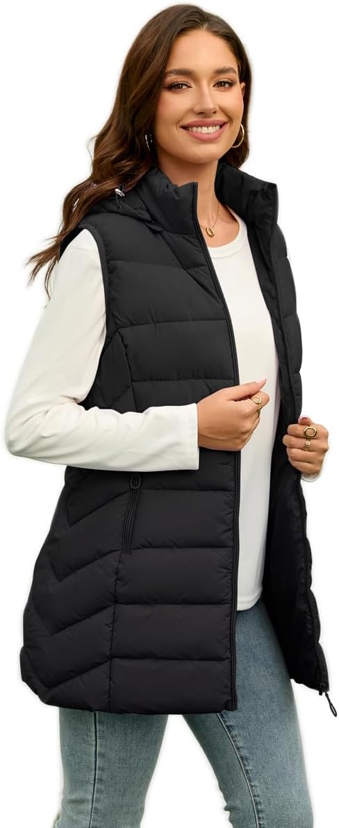 Long Puffer Vest for Women - Lightweight Packable Sleeveless Style