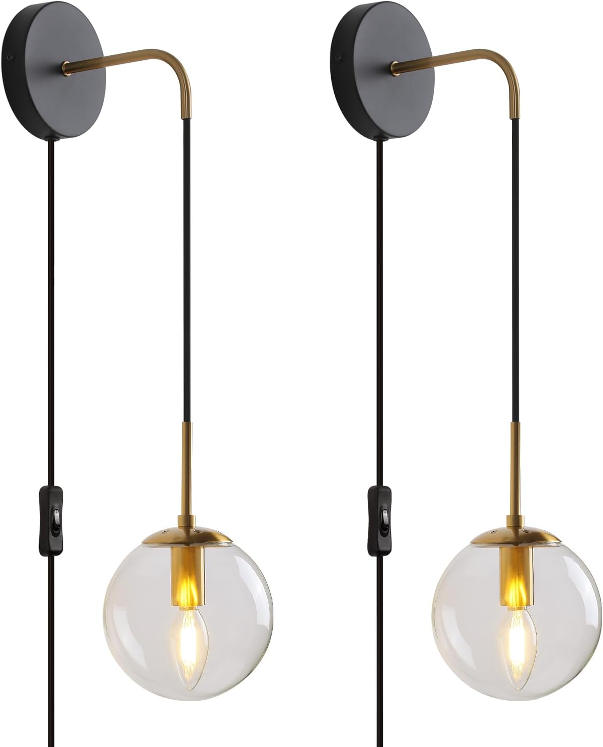 Stylish Black and Brass Plug in Wall Sconces Set of 2 for Home