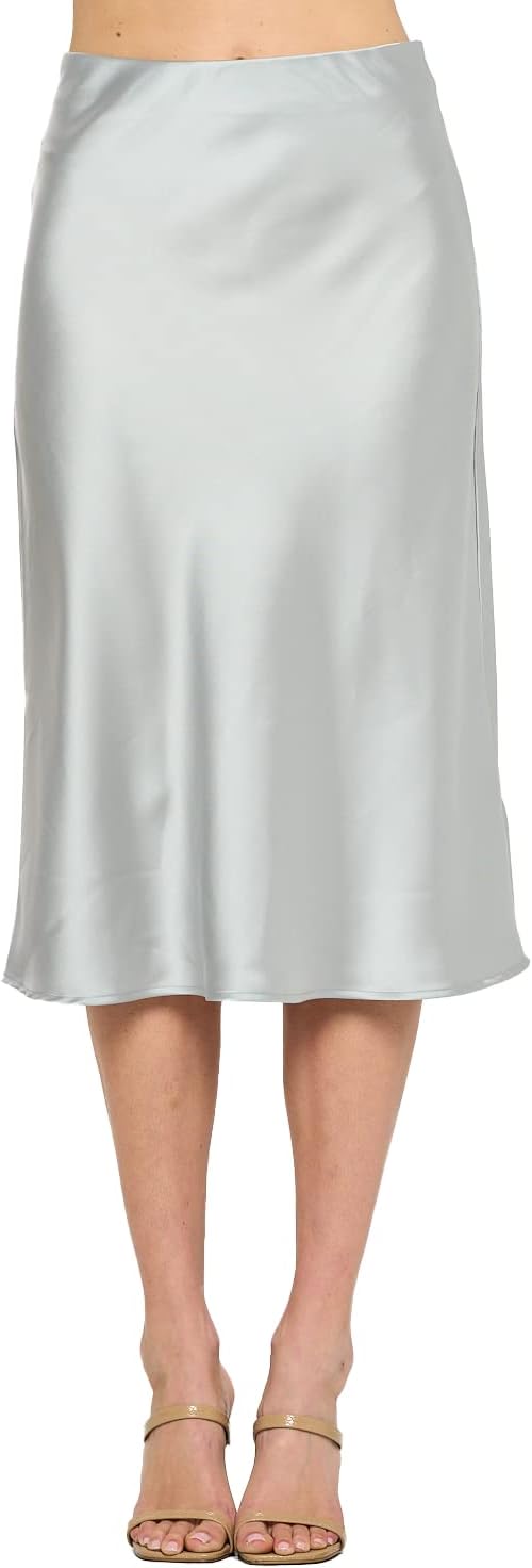 Women Solid High Waist Satin Midi Skirt for Elegant Style