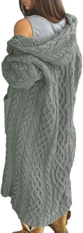 Womens Cable Knit Long Open Cardigan - Warm Lightweight Hooded Coat
