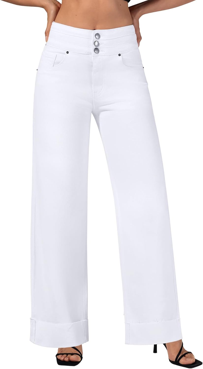 Roswear Women's High Waisted Stretchy Wide Leg Jeans for Style